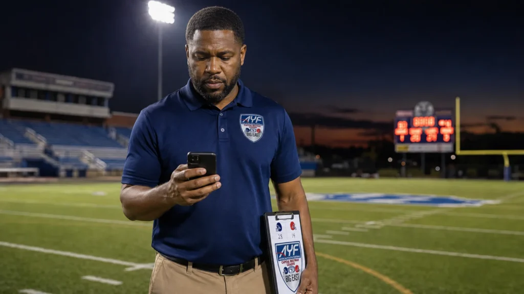 A CBL coach checking his phone on a floodlit field at dusk, clipboard with a 28-14 scoreline under his arm